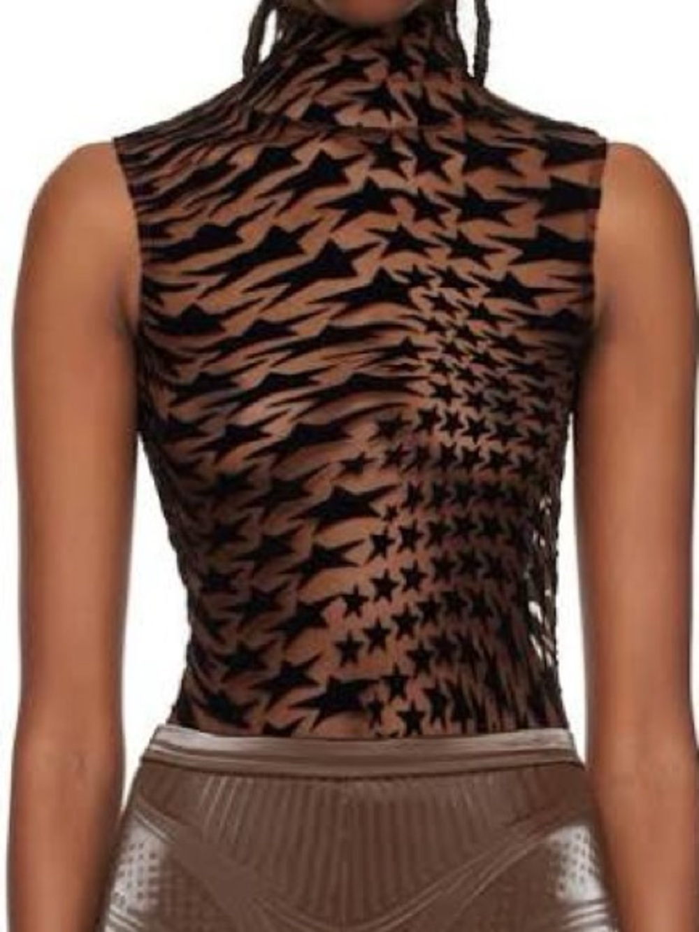 Sleeveless Star & Lightning Mesh Mock Neck Top - Black on Brown